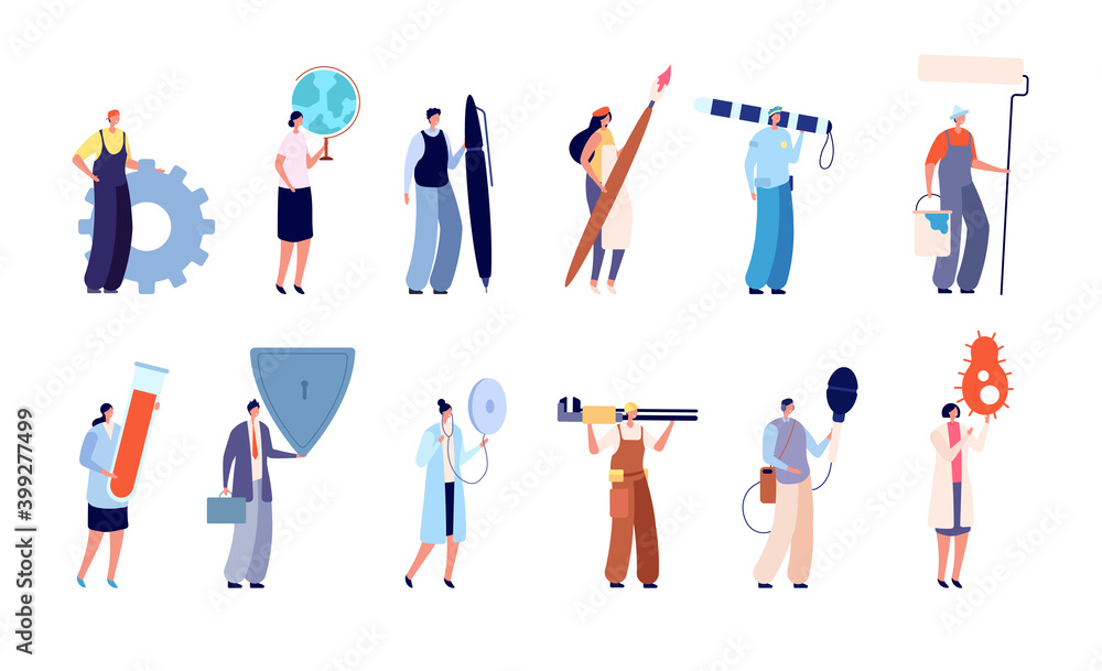 Diverse professionals characters. Business woman, people art design insurance health. Workers hold shield bacteria globe vector set. Character specialist posing, colleagues and employee illustration