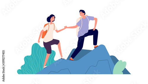 Travellers climb mountain. Cartoon tourists, backpackers vacations. Active sport people, man woman spend time outdoor together vector illustration. Travel mountain extreme, climber outdoor challenge