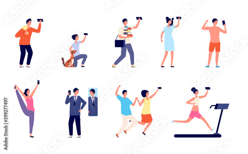 People doing selfie. Man vacations photos  business career take moment with phone. Narcissism self love or utter gadget addiction vector set. Illustration selfie phone  woman and man take photo
