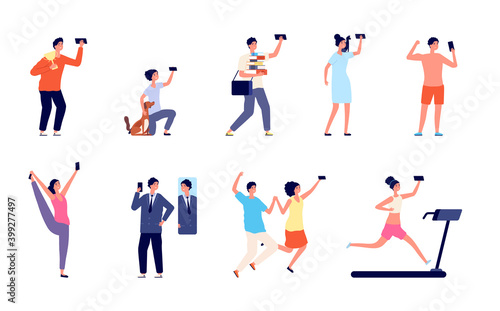 People doing selfie. Man vacations photos, business career take moment with phone. Narcissism self love or utter gadget addiction vector set. Illustration selfie phone, woman and man take photo