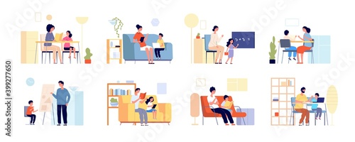 Parents children learning. Home study, mother daughter remote education. Flat adult teacher and student, distance teaching utter vector set. Illustraton childhood studying at home