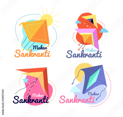 Makar sankranti festival. Promotion label, indian pongal fest banners with colorful flying kite. Party celebrating stickers utter vector set. Illustration ceremony prosperity, makar sankranti