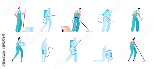 People cleaning. Young householders, isolated professional cleaners staff. Disinfection service, flat workers with equipment utter vector set. Illustration household and housework, young housekeeping