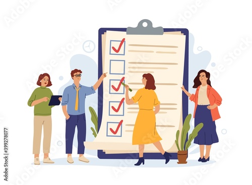 Business people checklist. Manager achieves tasks, complete test or to do list. Team work, successful control survey swanky vector concept. Business checklist document, questionnaire plan illustration