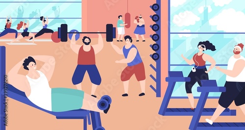 People training in gym. Strong active exercise, training fitness center. Aerobics group, flat healthy person jogging decent vector concept. Illustration training club, equipment to do fitness