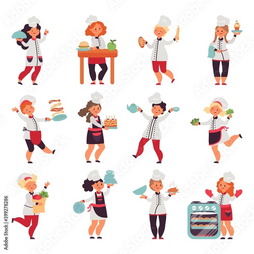 Kids cooking. Cute little chef, cartoon funny kitchen children. Isolated baker with cooker. Child in apron holding food vector set. Illustration kid cooking, chef children, waiter boboy on kitchen