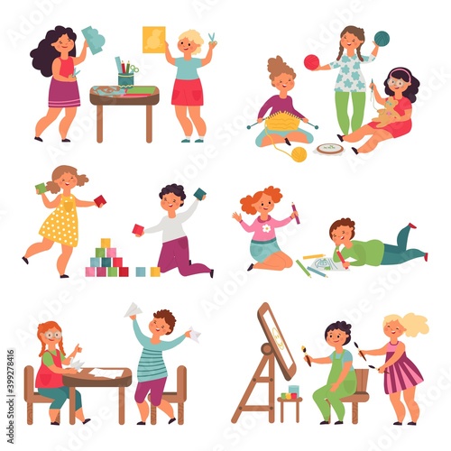 Children play together. Isolated child playing, funny childish teamwork. Friends in creative lab, little girl boy toy hobby decent vector set. Illustration children together play in game and drawing © MicroOne