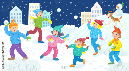 Happy children play snowballs in the winter city. Banner in cartoon style. Vector flat illustration.