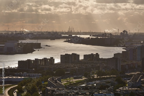 View from Rotterdam towards the port area, industrial facilities in the background
