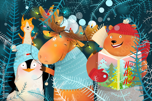 Cheers from Christmas and New years animals celebration, colorful greeting card for kids. Bear penguin moose and squirrel celebrating winter fun. Children vector illustration in watercolor style.