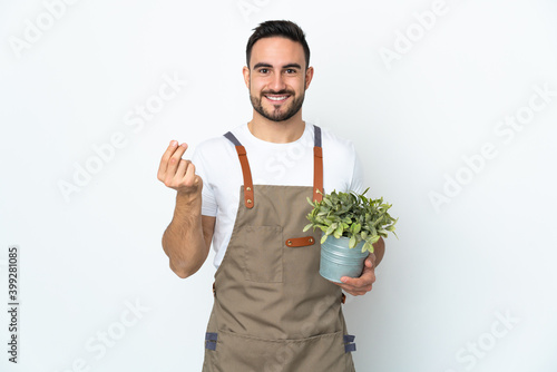 Gardener man holding a plant isolated on white background making money gesture