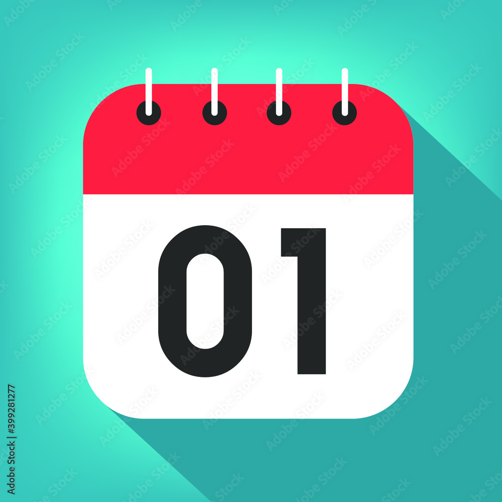 Calendar day 1. Number one on a white paper with red border on blue