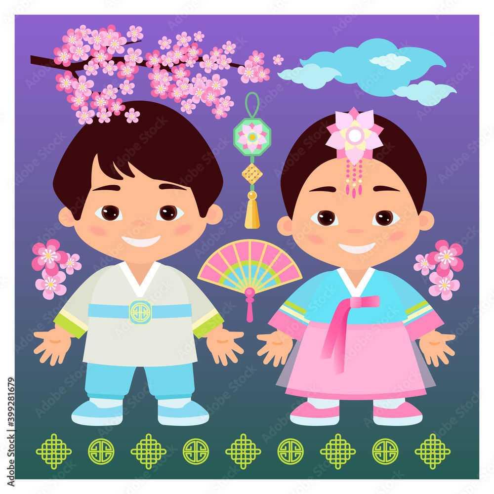 Plum blossom with kids in Korean traditional costume. South Korea background design. Korean traditional symbols and objects.