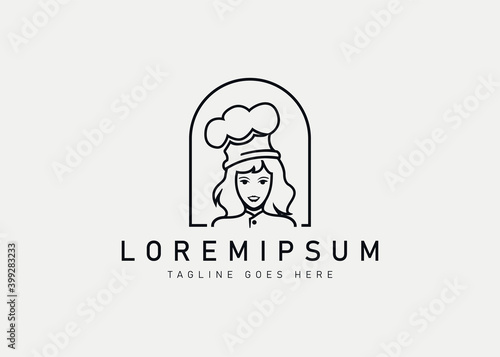Mom's cooking logo design. Vector illustration of the chef's mother. Modern logo design with line art icon style.