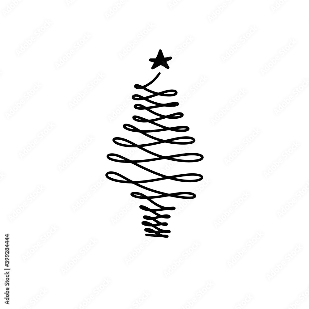 Christmas fir tree mono line curl spiral origami logo star on white background. Black sign pine hand drawn winter New year symbol image illustration. Decoration brush doodle holiday greeting card. Christmas fir tree mono line curl spiral origami logo star on white background. Black sign pine hand drawn winter New year symbol image illustration. Decoration brush doodle holiday greeting card.