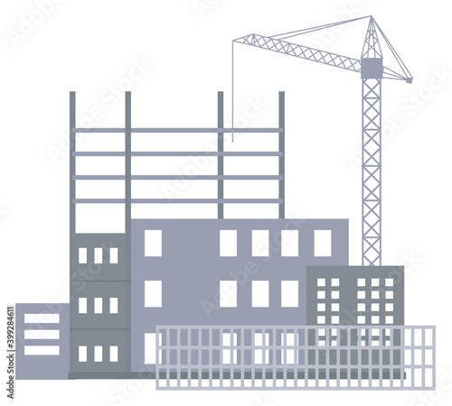 Unfinished construction site, industrial crane, metal construction of future building, isolated at white. Building city houses. Different unfinished houses fenced. Process of making urban buildings
