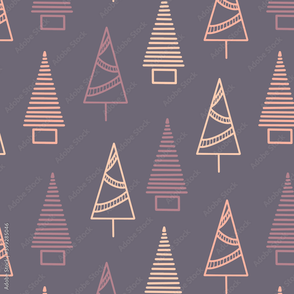 Triangle Christmas trees in a seamless pattern modern flat design. Minimal fir pine graphic design element amazing illustration. Violet yellow pink print materials leaflets posters, business cards web