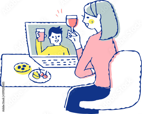 オンライン飲み会をする女性