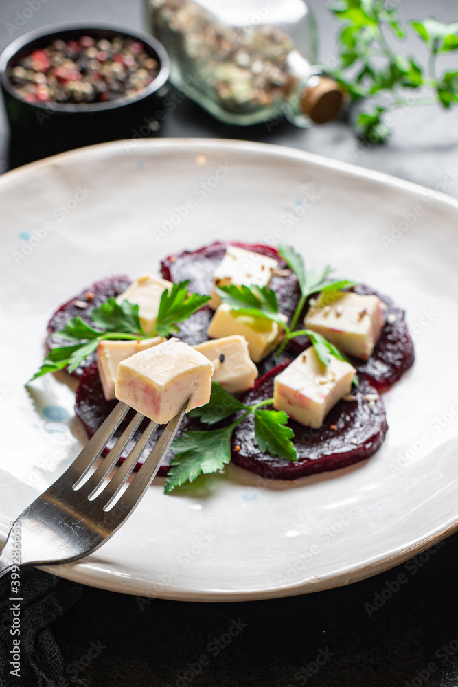 salad beet, pear and cheese organic snack ready to eat on the table healthy meal snack top view copy space for text food background rustic salad beet, pear and cheese organic snack ready to eat on the table healthy meal snack top view copy space for text food background rustic