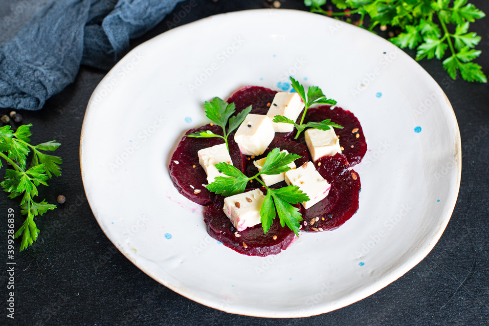 salad beet, pear and cheese organic snack ready to eat on the table healthy meal snack top view copy space for text food background rustic salad beet, pear and cheese organic snack ready to eat on the table healthy meal snack top view copy space for text food background rustic
