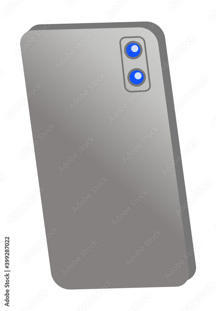 Large gray metal or plastic smartphone case with two blue main cameras. Take videos, photos on your smartphone. Modern electronic device. Blogging, streaming, video broadcasting. Flat vector image i Large gray metal or plastic smartphone case with two blue main cameras. Take videos, photos on your smartphone. Modern electronic device. Blogging, streaming, video broadcasting. Flat vector image i
