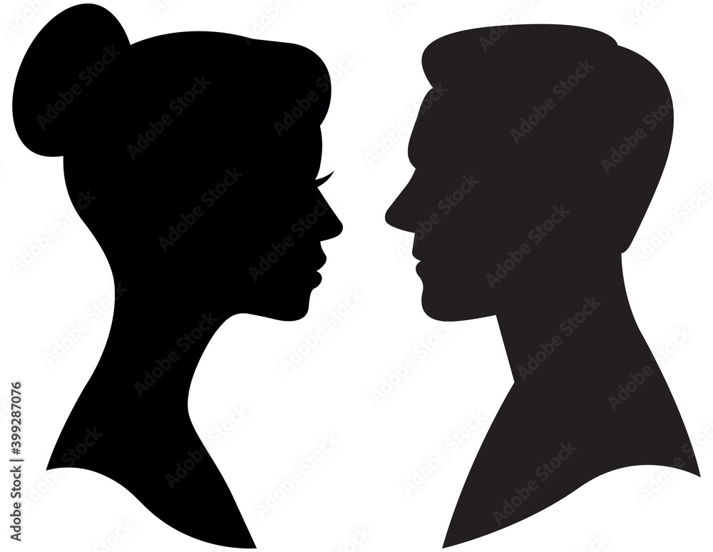 Black silhouette portrait of man and woman in profile head and shoulders vector illustration