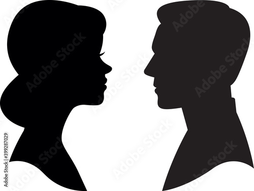Black silhouette on white background portrait of man and woman in profile head and shoulders vector illustration