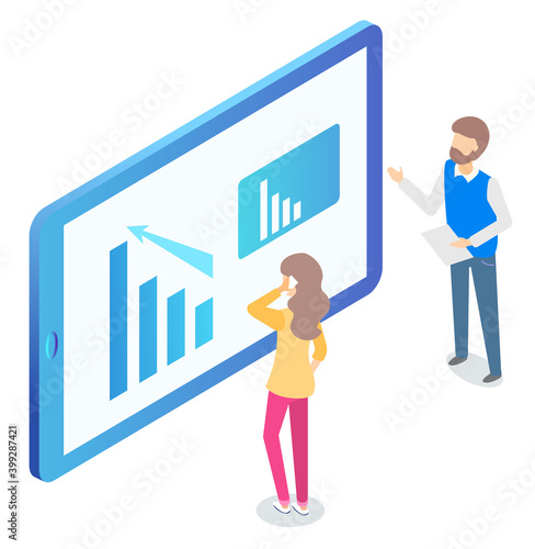 Digital marketing teamwork and communicating with graph report. Man and woman colleagues discussing growth chart on board. Business strategy of workers and using mobile wireless device vector