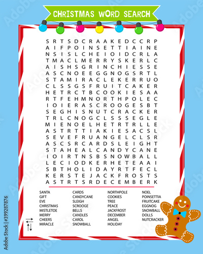 Educational game for children. Christmas word search puzzle. Worksheet for learning english about chrismas holidays. Vector illustration