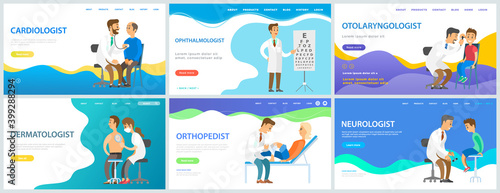 Set of illustrations on the theme of medical website page. Application for communicating with doctors. Paid program for patients. Online treatment and consultations with leading specialists