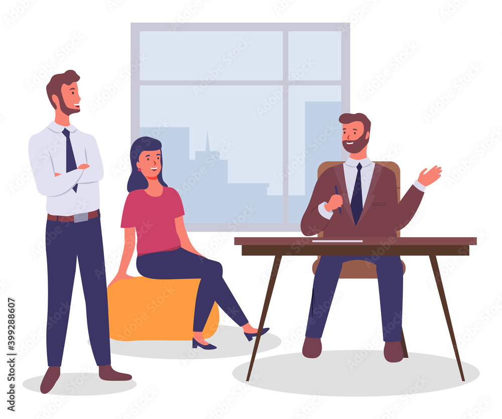 Office workers, colleagues communicating discussing work, executive guys and woman sitting at table and talking standing colleague, businesspeople in office near window, workplace, flat style Office workers, colleagues communicating discussing work, executive guys and woman sitting at table and talking standing colleague, businesspeople in office near window, workplace, flat style