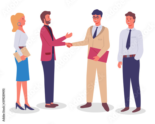 Office staff, colleagues, partners. Men top managers shake hands, closing deal. Blond woman with folder in her hands, young guy holding hand in his pocket. Office staff. Communicate and work