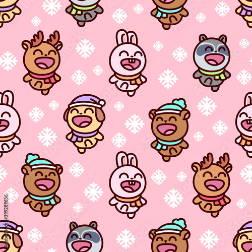 CUTE HAPPY CHRISTMAS CHARACTERS SEAMLESS PATTERN IN PINK BACKGROUND