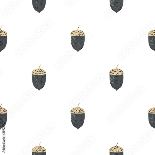 Isolated seamless doodle pattern with dark grey and beige colored acorn silhouettes.