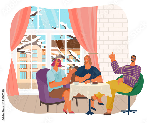 Friends meeting at home or in cafe, people have lunch or dinner sitting at table, guy girls talking, communicating with cup of tea or coffee, people eating sweet cake, winter with snow outside window