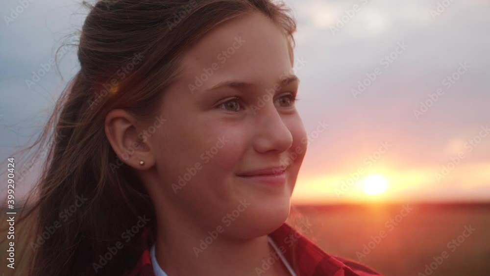 portrait teen girl dreaming in the park at sunset. happy family kid dream concept. teen kid face girl portrait thinks about happiness. daughter dream sunset. kid dreaming portrait teen girl dreaming in the park at sunset. happy family kid dream concept. teen kid face girl portrait thinks about happiness. daughter dream sunset. kid dreaming