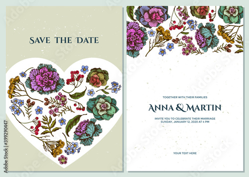 Wedding invitation card with colored wax flower, forget me not flower, tansy, ardisia, brassica, decorative cabbage