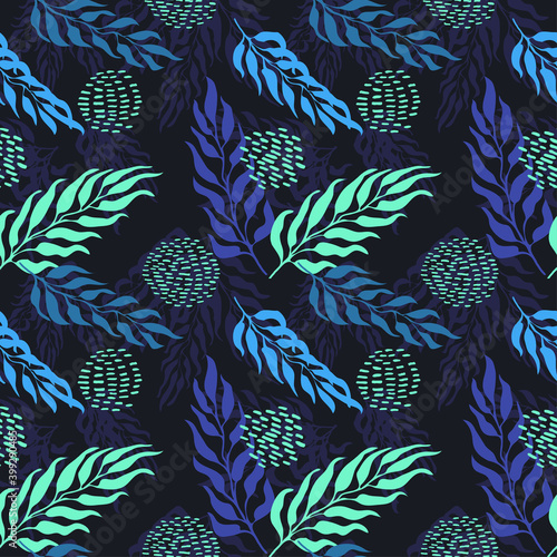 Vector seamless pattern with colorful watercolor illustration of exotic leaves. Use it for wallpaper, textile print, pattern fills, web page, surface textures, wrapping paper, design of presentation