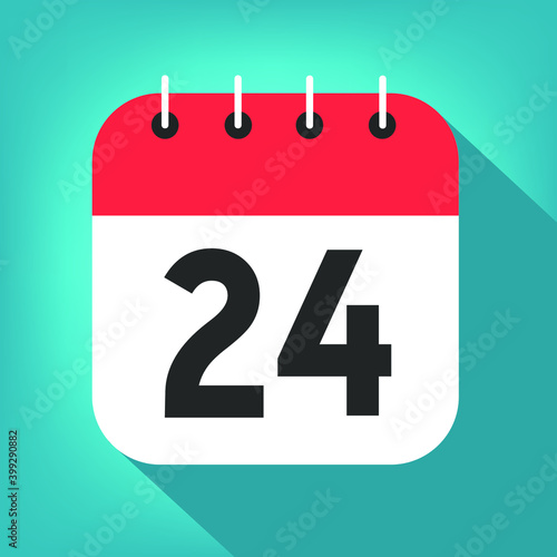 Calendar day 24. Number twenty-four on a white paper with red header on blue background vector. photo