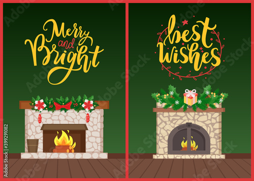 Best wishes fireplace decorated for winter holiday vector. Christmas decor presents and gift boxes with wrapping paper and bows, pine and spruce branches