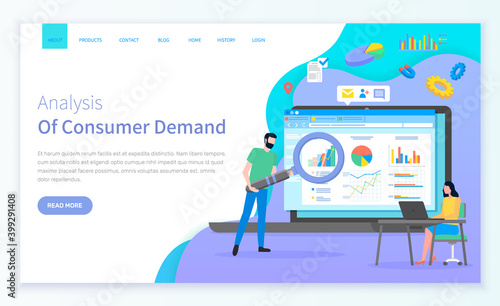 Consumer demand site template. Young woman sits at laptop. Bearded man with cartoon giant magnifying glass. Large page with analytic data, colorful chart bar, consumer research. Attract customers
