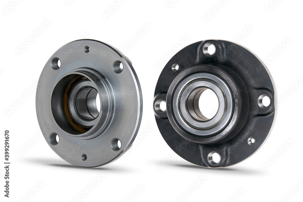 Isolate. Auto parts. Two wheel bearings close-up on a white background. Front and back views. For advertising, catalogs, educational materials. Isolate. Auto parts. Two wheel bearings close-up on a white background. Front and back views. For advertising, catalogs, educational materials.
