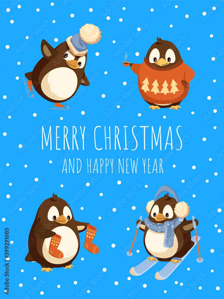 Merry Christmas and Happy New Year penguins isolated on blue with falling snowflakes. Wintertime arctic birds skating, in warm knitted sweater, drinking tea