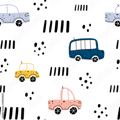Cute childish seamless pattern with different colorful vehicles with abstract elements isolated on white background. Scandinavian style vector illustration.