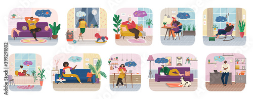 People dreaming. Dreamy man think work or home relax. Dreaming people smiling thoughtful young men and women working and relax at home. Young woman imagination creative workers smiling and have ideas