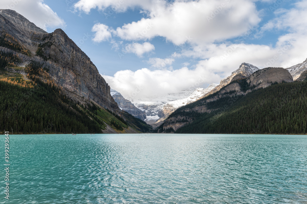 Lake Louise with rocky mountains and blue sky at Banff national park