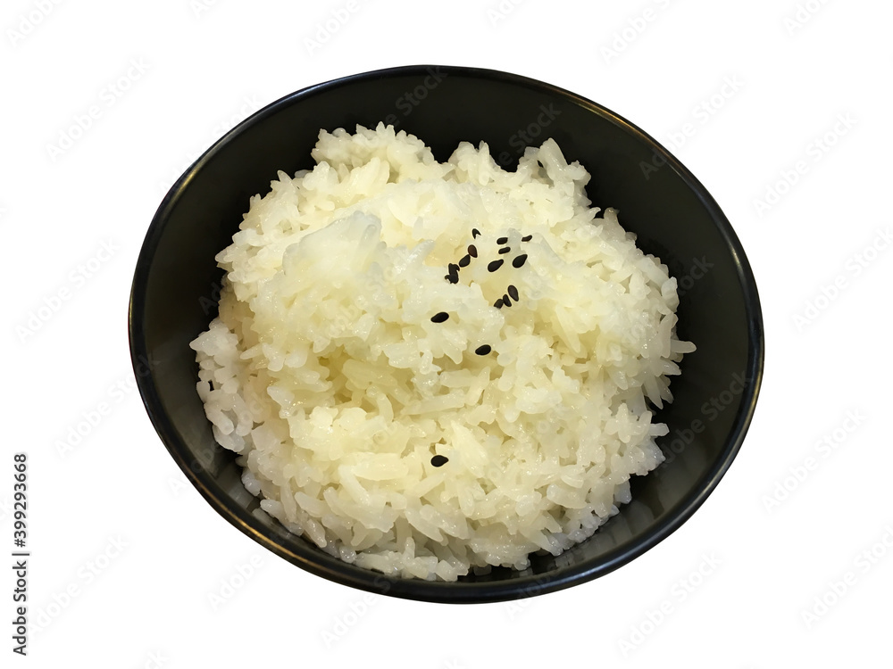 Top view of Japanese rice sprinkled with black sesame seeds in black bowl isolated on white background. Japanese food style. Clipping path. Top view of Japanese rice sprinkled with black sesame seeds in black bowl isolated on white background. Japanese food style. Clipping path.