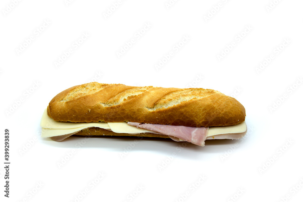 Mixed sandwich of York ham and cheese on baguette