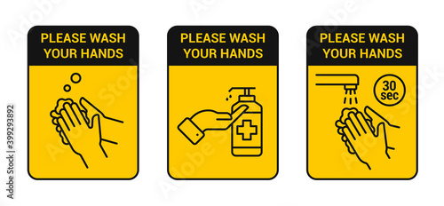 Wash your hands icon. Set of social banners with recommendations to wash your hands. Preventive measures against coronavirus. Vector
