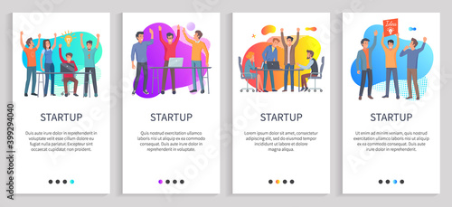 Startup vector, people with plan for business, man holding board sign, meeting of workers brainstorming businessman and woman discussing. Website or slider app, landing page flat style